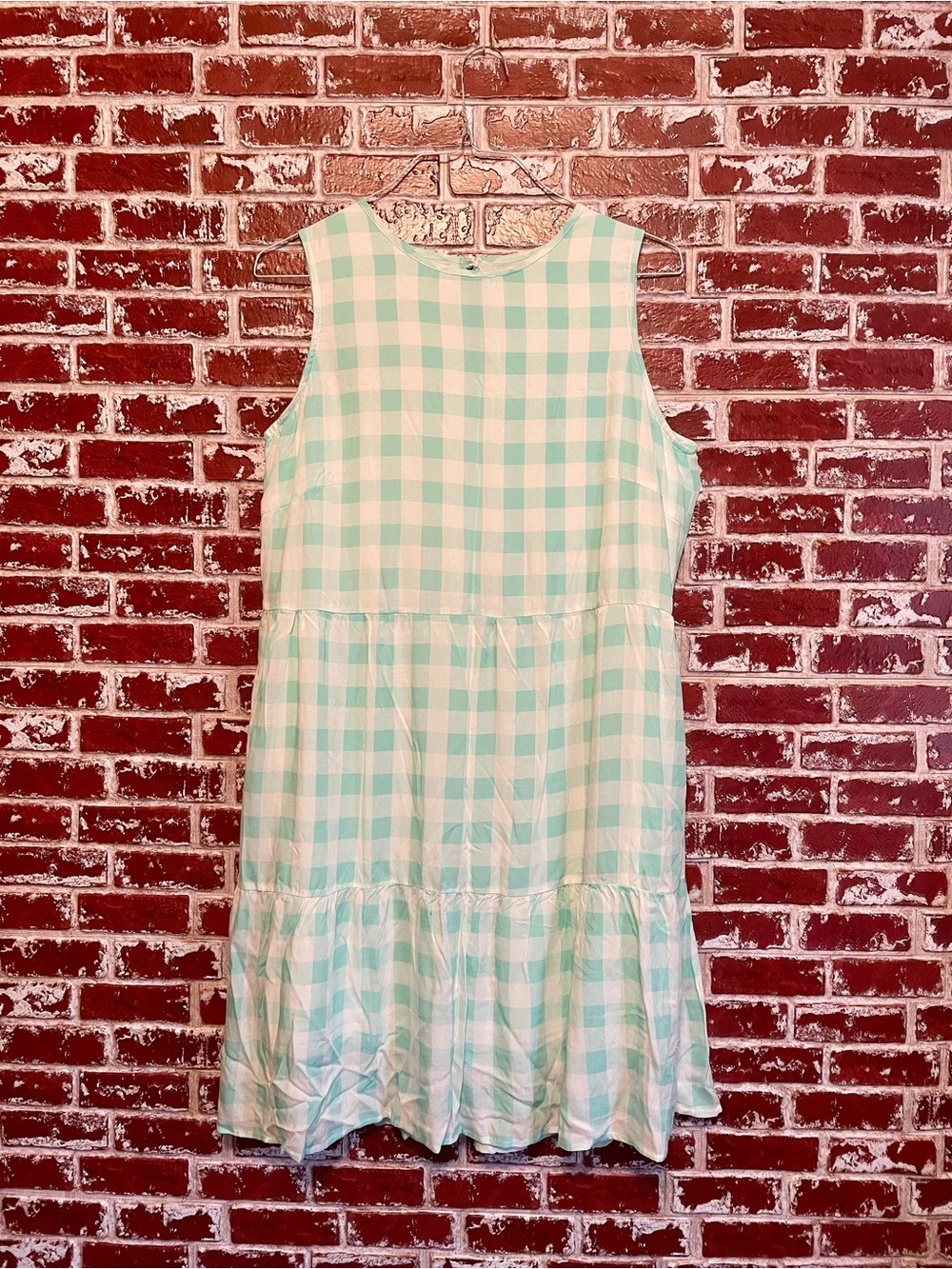 Mint Green Gingham 100% Viscose Tiered Sleeveless Summer Sundress (M).